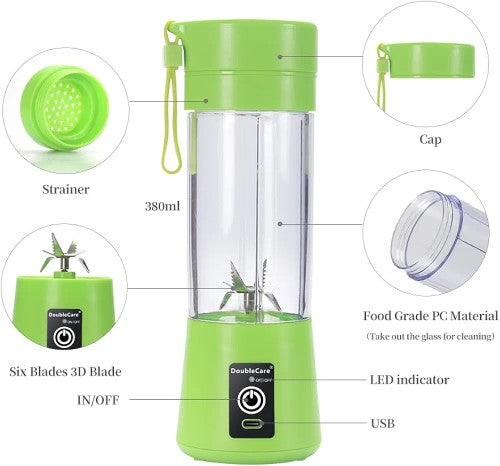 Portable Blender Cup,Electric USB Juicer Blender,Mini Blender Portable Blender For Shakes and Smoothies, Juice,380ml, Six Blades Great for Mixing